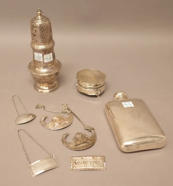 Silver and silver mounted wares, comprising; a baluster shaped sugar caster, London 1933, a circular hinge lidded trinket box, raised on three feet (l