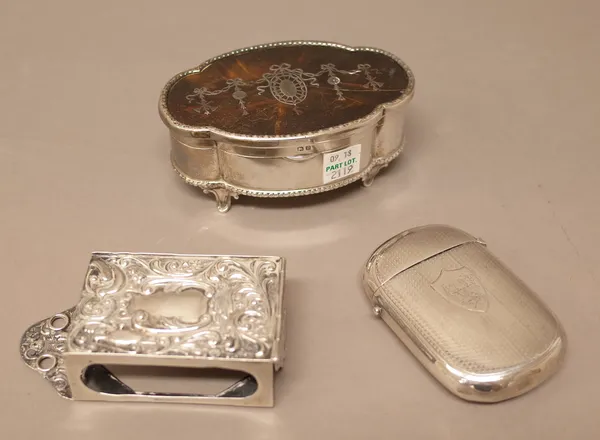 Silver and silver mounted wares, comprising; a Victorian rectangular matchbox slide, the top fitted with a mounting bracket, otherwise with embossed d