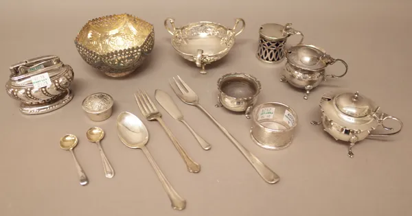 Silver, comprising; a three handled bonbon dish, a napkin ring, three mustard pots, two spoons, a salt, a pickle fork, a christening spoon and fork, a