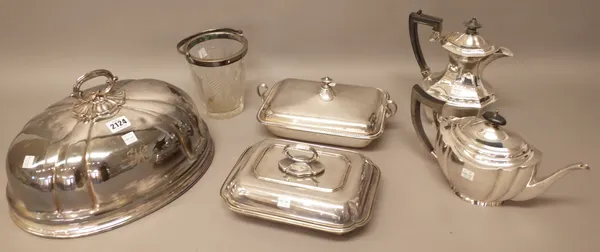 Plated wares, comprising; a shaped oval meat dome, having a detachable handle, two rectangular lidded entree dishes, a faceted glass ice bucket, a hot