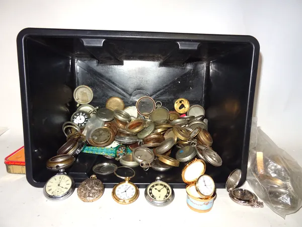 A box of assorted metal pocket watch cases, gilt metal movement covers and a small quantity of keyless wind pocket watches.  S1T