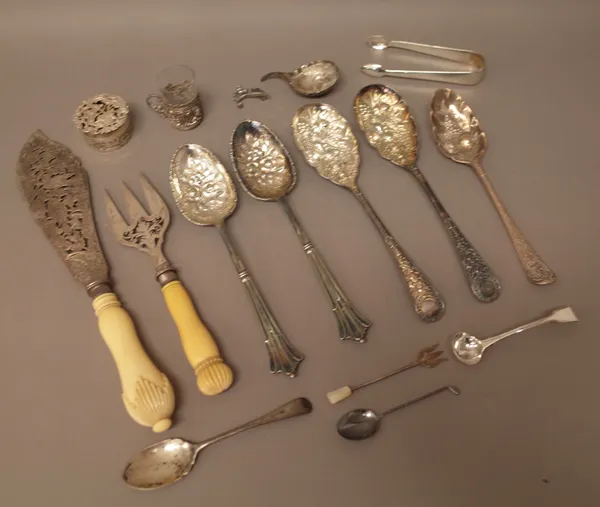 Silver and silver mounted wares, comprising; a bottom marked berry fruit spoon, a glass tot stand, with a glass, a foreign spoon, decorated with a hor