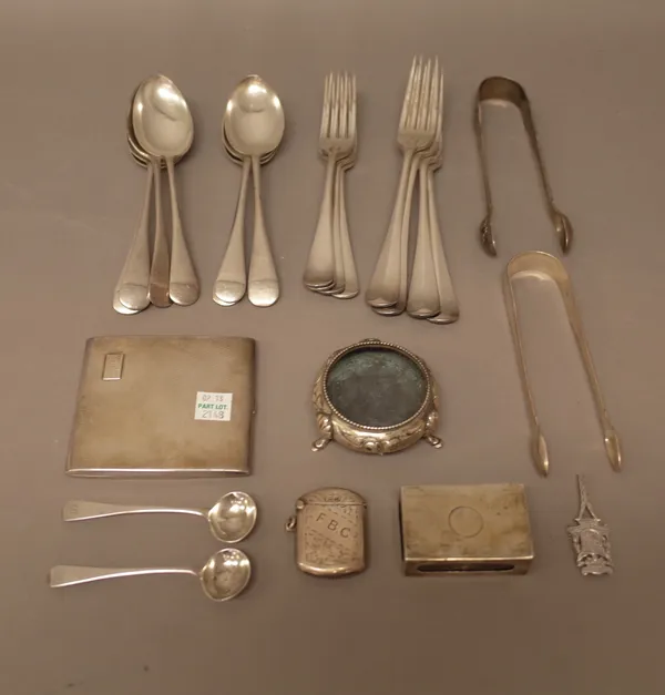 Silver, comprising; two pairs of sugar tongs, a pair of salt spoons, London 1829, a rectangular cigarette case, with engine turned decoration, Birming