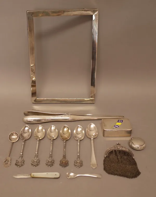 Silver and silver mounted wares, comprising; a rectangular box, the lid enamelled with three nautical flags, a pair of glove stretchers, five shooting