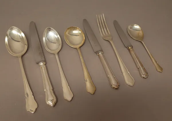 A silver table service of flatware, comprising; six tablespoons, eight soup spoons, eight dessert spoons, eight fruit spoons, eight teaspoons, eight c
