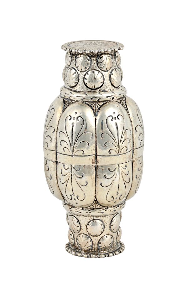 A German late 19th century double beaker or doppelbecher, each of lobed form, with scrolling decoration, raised on a circular foot, decorated with a b