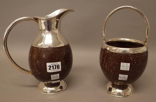 A foreign jug formed from a coconut, the mount detailed Prata 0.925, height 19.5cm and a similar bowl formed from a coconut, with a swingover handle,