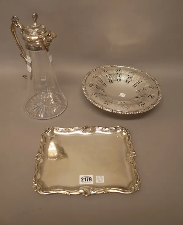 Foreign and plated wares, comprising; a French shaped rectangular tray, decorated with a scrolling and foliate rim, size 25cm x 20cm, weight 381 gms,
