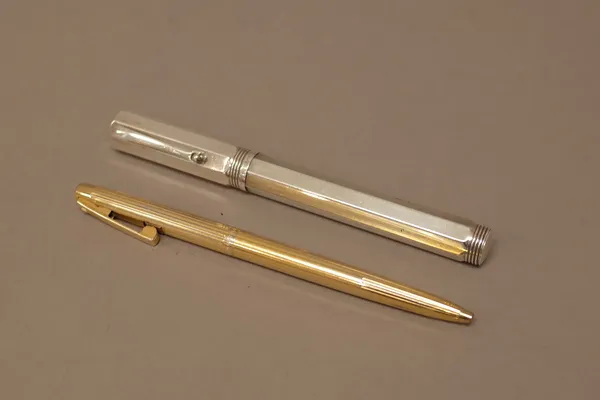 A Montegrappa silver octagonal cased fountain pen, detailed Italy 925 and a Sheaffer U.S.A gilt metal cased ballpoint pen, (2).