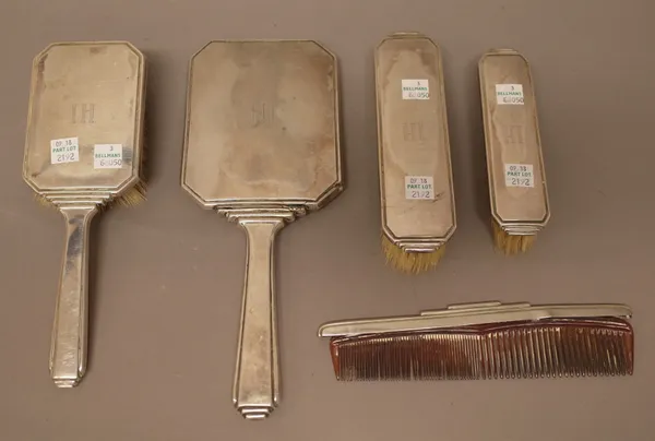 A European five piece part dressing set, comprising; a hand mirror, two differing clothes brushes, a hairbrush and a comb, all detailed 830 S, (5).