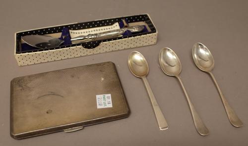 Silver and silver mounted wares, comprising; a rectangular cigarette case, the exterior with engine turned decoration, presentation inscribed within,