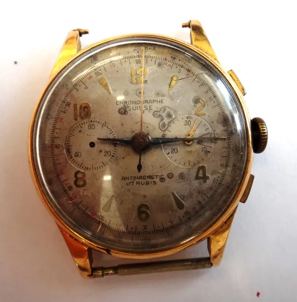A gold, circular cased gentleman's chronograph wristwatch, with a jewelled Swiss movement, the silvered dial with gilt Arabic and baton numerals and w