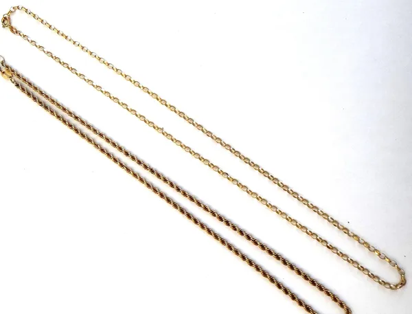 A 9ct gold faceted oval link neckchain, on a boltring clasp and a 9ct gold ropetwist link neckchain, (the boltring clasp broken), combined weight 6.5