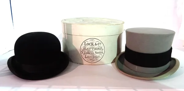 Lock & Co, a felt bowler hat and a grey felt top hat and box, (2).   CAB