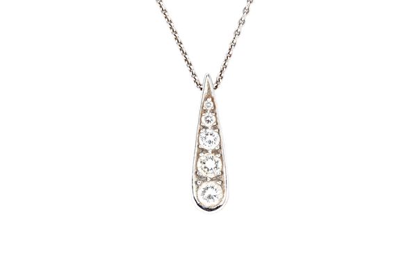 A white gold and diamond pendant necklace, the drop mounted a row of five graduated circular cut diamonds, on an oval link neckchain, with a sprung ho