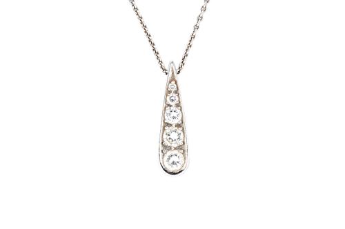 A white gold and diamond pendant necklace, the drop mounted a row of five graduated circular cut diamonds, on an oval link neckchain, with a sprung ho