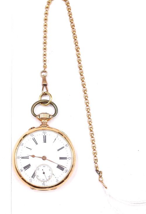 A gold cased, keyless wind, openfaced gentleman's pocket watch, with an unsigned gilt jewelled lever movement, gold inner case, the enamelled dial wit
