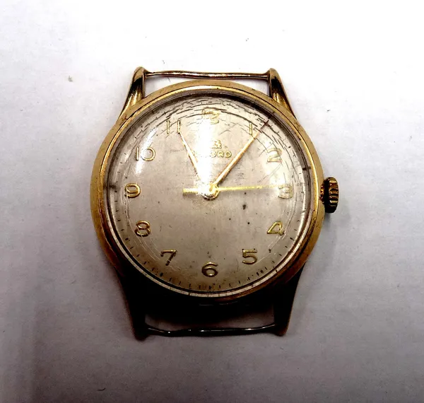 A Record 9ct gold circular cased gentleman's wristwatch, with a signed jewelled lever movement, the signed silvered dial with gilt Arabic numerals and