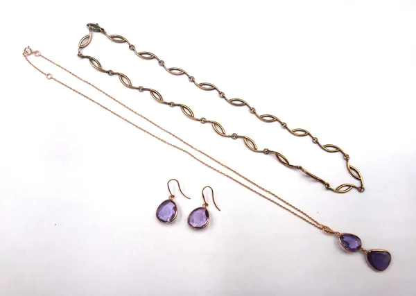 A pair of 18ct gold and amethyst single stone pendant earrings, an 18ct gold and amethyst two stone pendant, with an 18ct gold oval link neckchain, on