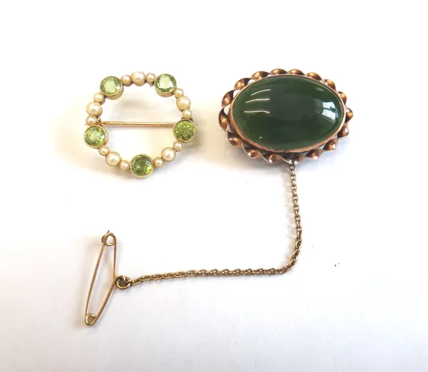 A gold, peridot and seed pearl brooch, of shaped circular form, collet set with five circular cut peridots, alternating with five rows of three half p