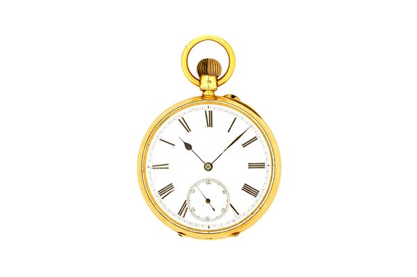 A Victorian gentleman's 18ct gold cased, keyless wind, openfaced pocket watch, the gilt three quarter plate jewelled movement numbered 27818, the enam