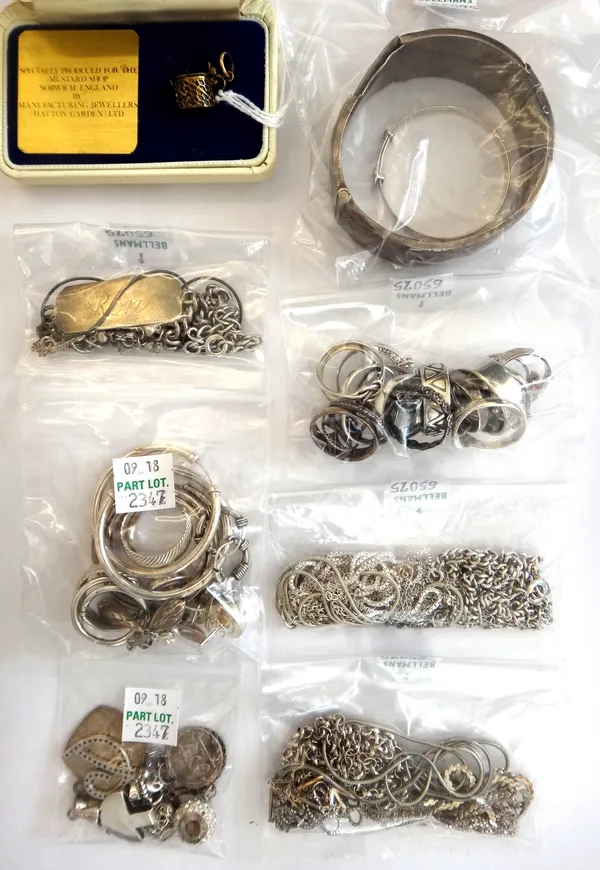 Mostly silver jewellery, comprising; eighteen rings, six bracelets, two bangles, twelve pendants and charms, twelve pairs of earrings and eighteen nec