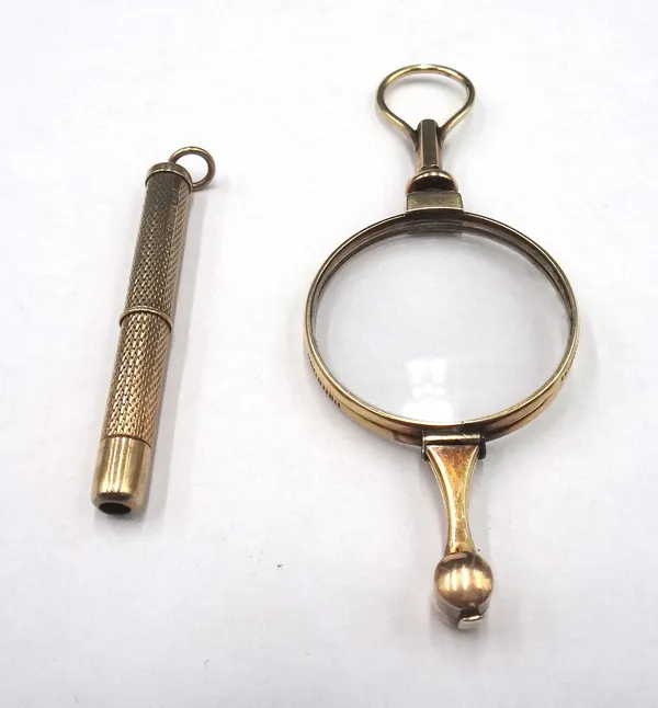 A 9ct gold cased propelling toothpick, with engine turned decoration and a pair of Victorian gold framed lorgnettes, fitted with circular lenses. (2)