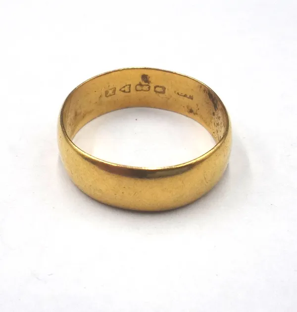 A 22ct gold plain wedding ring, Chester probably 1910, ring size S, weight 5.7 gms.