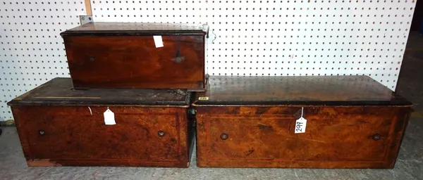 Three rectangular walnut and crossbanded music box cases (lacking movements).  H6