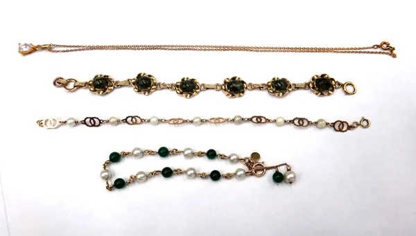 A gold bracelet, spaced with dyed green chalcedony beads, alternating with cultured pearls, on a boltring clasp, a 9ct gold bracelet, spaced with cult