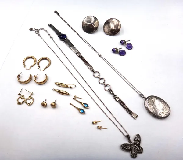 A group of mostly gold and silver jewellery, comprising; a pair of cabochon amethyst two stone pendant earrings, a pair of large circular earstuds, de