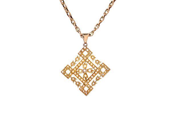 A gold and seed pearl set pendant, circa 1910, in a pierced openwork design, detailed 15 CT, with a gold multiple link neckchain, having a cylindrical