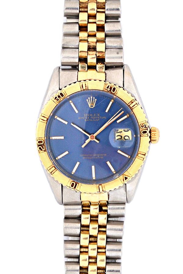 A Rolex Oyster Perpetual Datejust Turn o graph, steel and gold gentleman's bracelet wristwatch 1970s, the signed blued dial with baton numerals, gilt