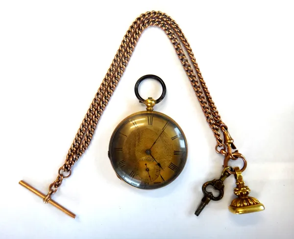 A gold cased, key wind, openfaced fob watch, with a cylinder movement, detailed Baume Geneve, gilt metal inner case, the engine turned dial with Roman