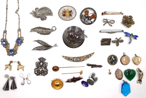 A group of jewellery, comprising; two stick pins, a pair of Sterling silver and blue enamelled oval cufflinks, eight pendants and lockets, a garnet se