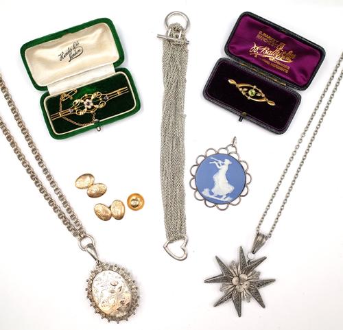 A 9ct gold, sapphire and seed pearl bar brooch, Chester 1912, with a case, a 15ct gold, peridot and seed pearl bar brooch, Chester possibly 1909, with