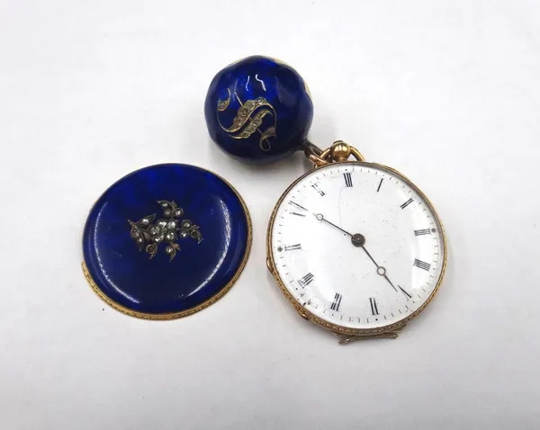 A gold cased, blue enamelled and rose diamond set, key wind, openfaced lady's fob watch, with a gilt cylinder movement, gold inner case, the enamelled