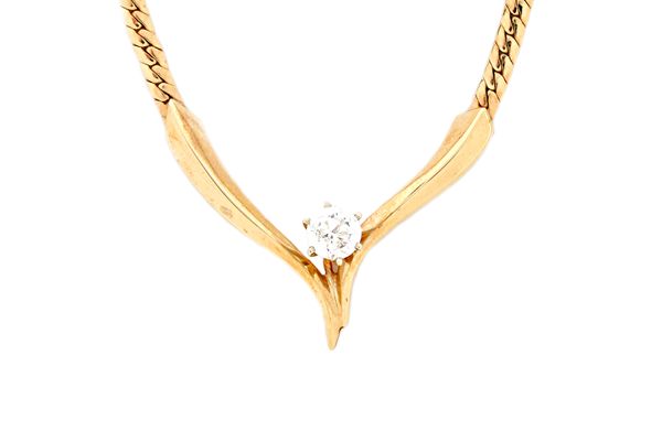 A gold and diamond single stone necklace, the front in a 'V' shaped design, claw set with a circular cut diamond, detailed 14 K, on a flat link neckch