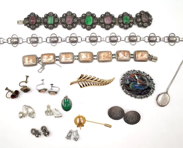 A group of silver and costume jewellery, comprising; a shell cameo rectangular panel link bracelet, on a snap clasp, an Asian rose quartz and simulate