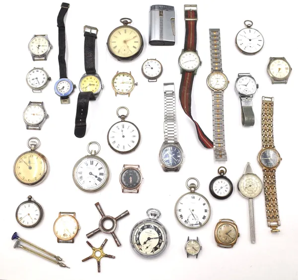 A small quantity of pocket and wrist watches, including; a silver cased, key wind, openfaced fob watch, the enamelled dial with black Roman numerals a