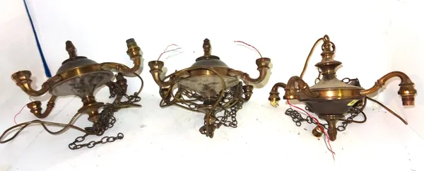 A group of three 20th century four light bronzed metal ceiling lights.  S2B
