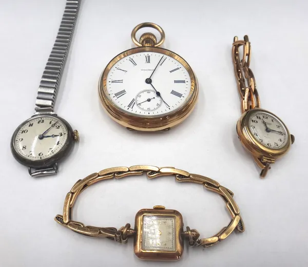 A Trebex 9ct gold square cased lady's wristwatch, on a 9ct gold expanding bar link bracelet, a J.W. Benson, London 9ct gold circular cased lady's wris