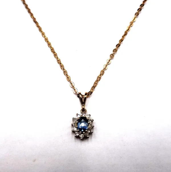 A 9ct gold, sapphire and diamond set oval cluster pendant, with a 9ct gold oval link neckchain, on a boltring clasp, (2).