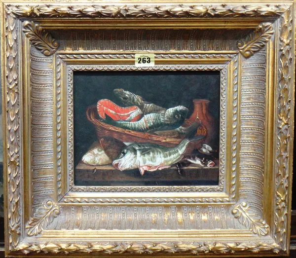 Chinese School (late 20th century), Still life of fish, oil on board, 19cm x 24cm.  A3