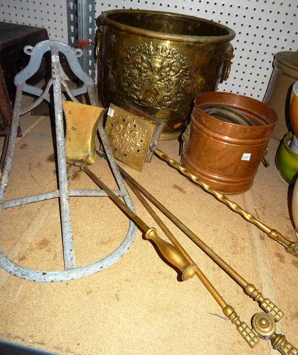 Metalware collectables, including; a brass coal bucket with heraldic lion plaque, three fire tools, a saddle rack and sundry, (qty).