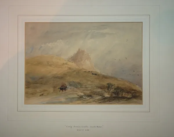 Attributed to David Cox (1783-1859), Cerig Armin Castle, South Wales, watercolour, unframed, 17cm x 25cm.  CAB