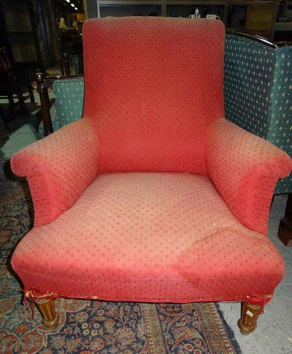 A pair of 20th century red upholstered armchairs on fluted tapering supports, (2).  BAY 2