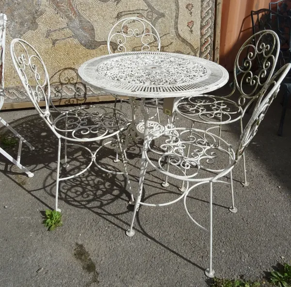 A 20th century white painted metal circular garden table together with a set of four wirework garden chairs (5).  OUT