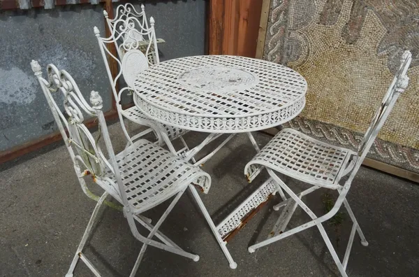A 20th century white painted metal folding garden table 80cm wide with a matching set of four garden chairs (5).  OUT