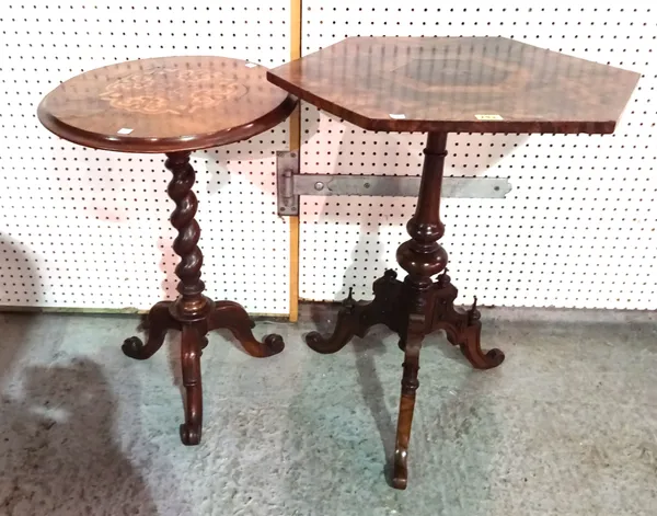 A Victorian burr walnut octagonal tripod table on turned column and three downswept carved supports, 53cm wide x 76cm high and a Victorian mahogany ci